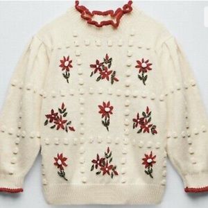 Zara Cream Sweater with Red Floral Embroidery
